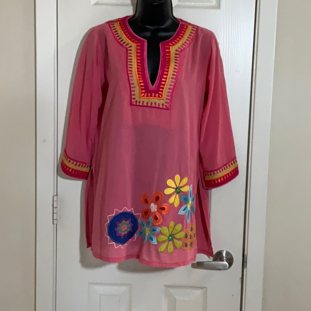 Chic Pink Embroidered Tunic Blouse